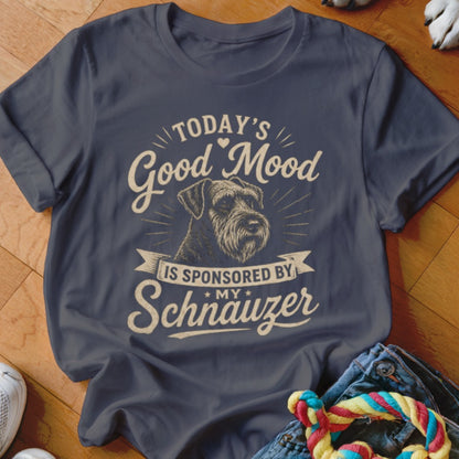 Dark blue t-shirt with text "Today's Good Mood is Sponsored by My Schnauzer" and dog graphic.