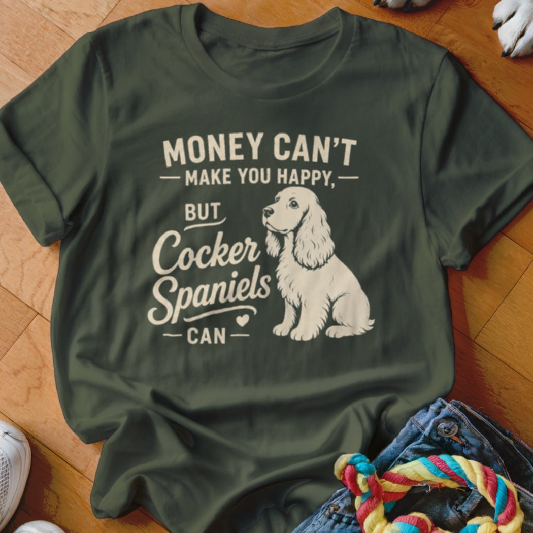 Dark green t-shirt with "Money Can't Make You Happy, But Cocker Spaniels Can" text and dog graphic.