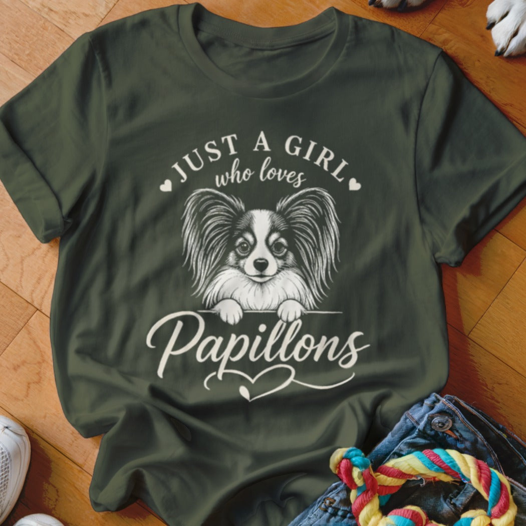 Dark green t-shirt with "Just a Girl Who Loves Papillons" text and a dog.