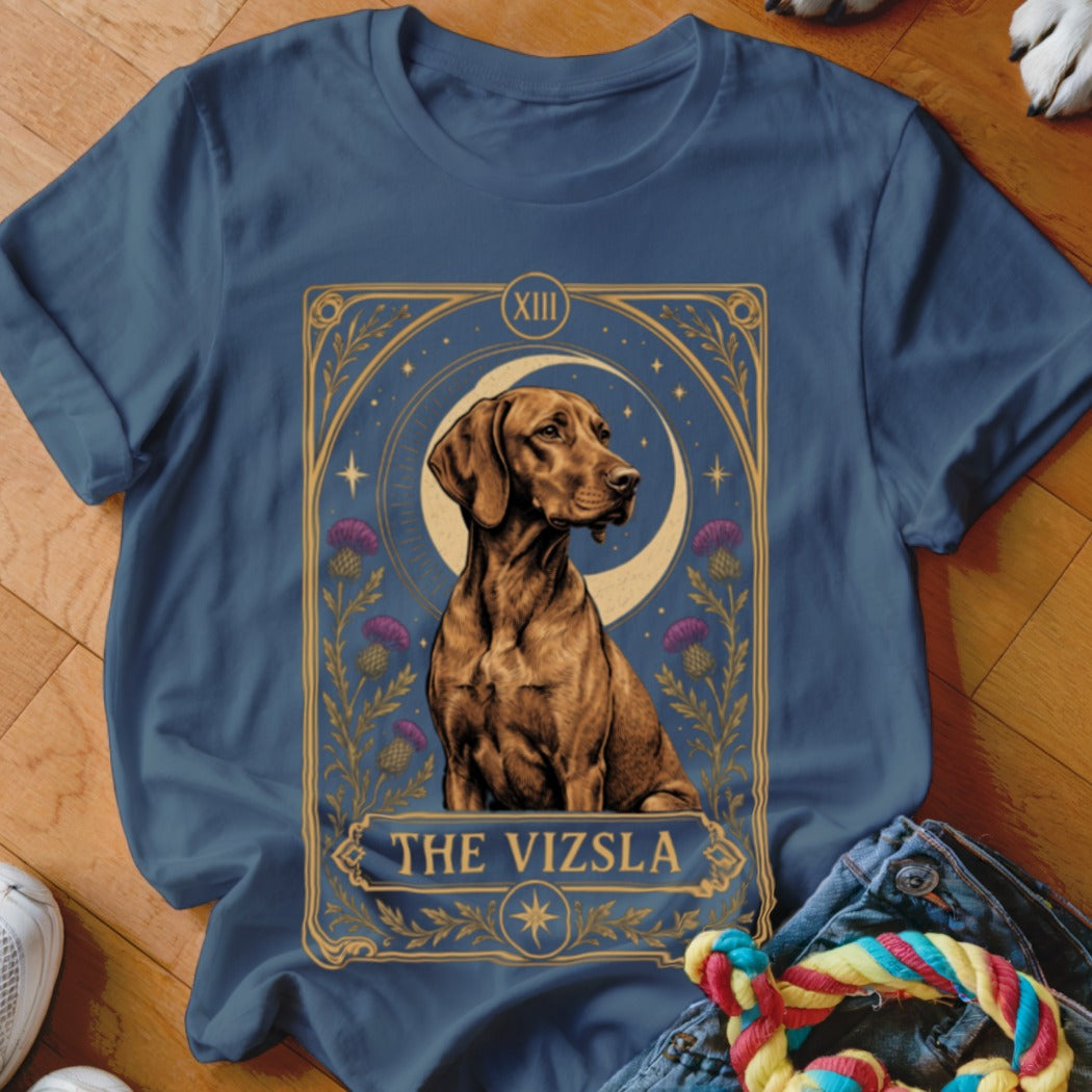 Blue crewneck t-shirt featuring a tarot card style graphic of a Vizsla dog with the text THE VIZSLA.