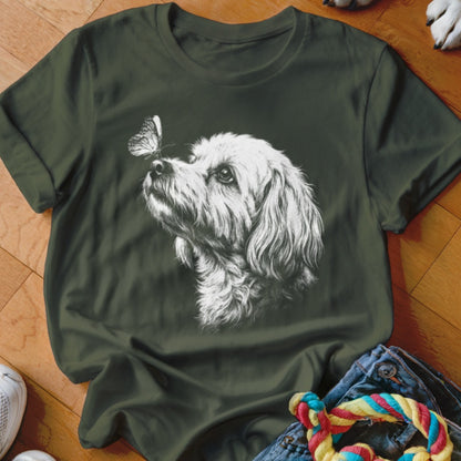 Dark green t-shirt featuring a white sketch graphic of a dog looking at a butterfly.