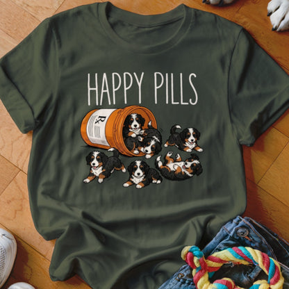 Bernese Mountain Dog puppies spill out of a pill bottle with "Happy Pills" text.