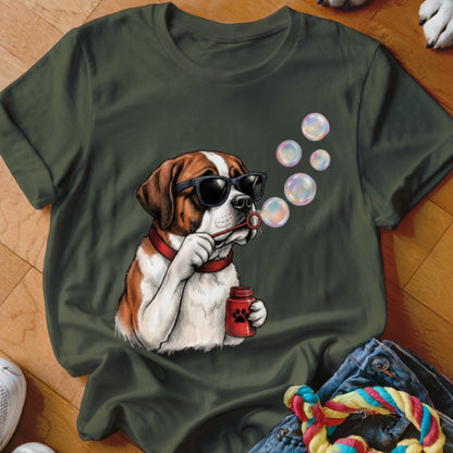 Dark green t-shirt featuring a graphic of a Saint Bernard dog wearing sunglasses and blowing soap bubbles.