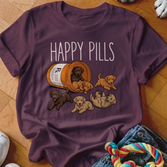 Puppies spill from a pill bottle with "HAPPY PILLS" text.