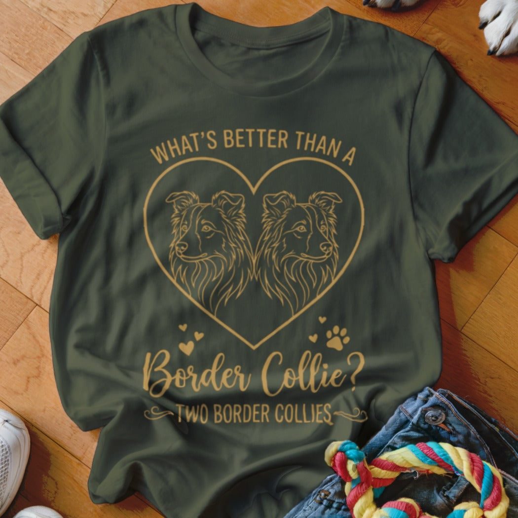 Dark green t-shirt featuring a gold graphic of two Border Collies inside a heart and text.
