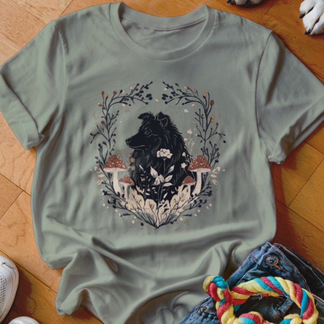 Sage green t-shirt with a graphic of a black dog surrounded by mushrooms and leaves.