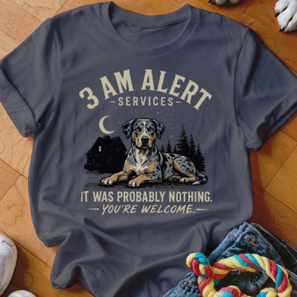T-shirt with a Catahoula dog, house, moon, and "3 AM Alert Services" text.