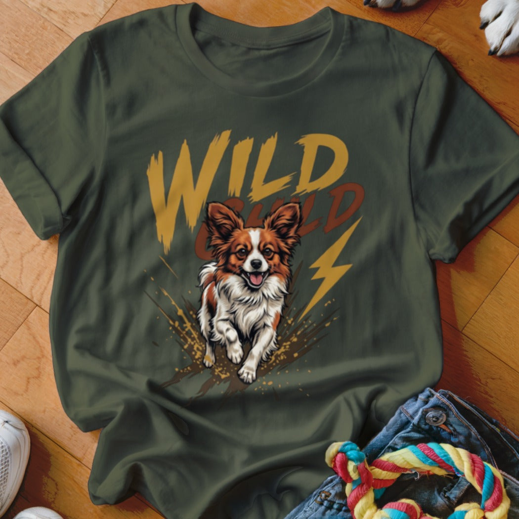 Dark green t-shirt featuring a graphic of a running Papillon dog and the text Wild Child.