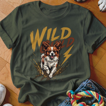 Dark green t-shirt featuring a graphic of a running Papillon dog and the text Wild Child.