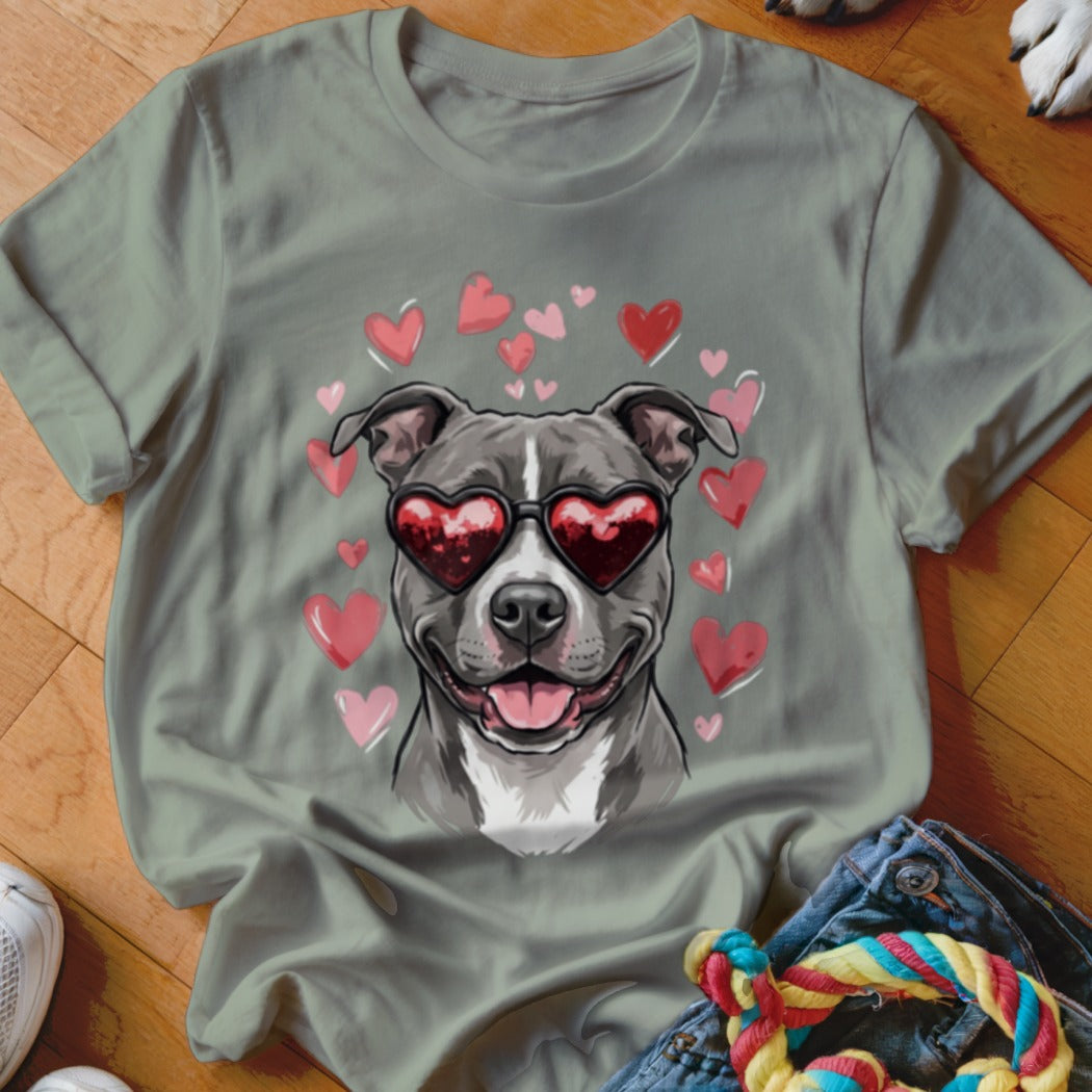 Sage green crewneck t-shirt featuring an illustration of a smiling pit bull wearing heart-shaped sunglasses, surrounded by pink and red hearts.
