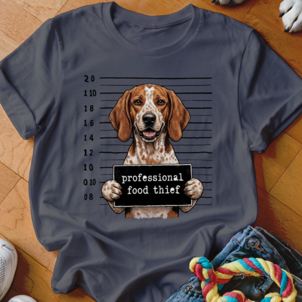 T-shirt with a beagle mugshot holding a "professional food thief" sign.