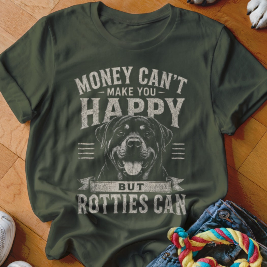 Green t-shirt with Rottweiler graphic and text: "MONEY CAN'T MAKE YOU HAPPY BUT ROTTIES CAN".