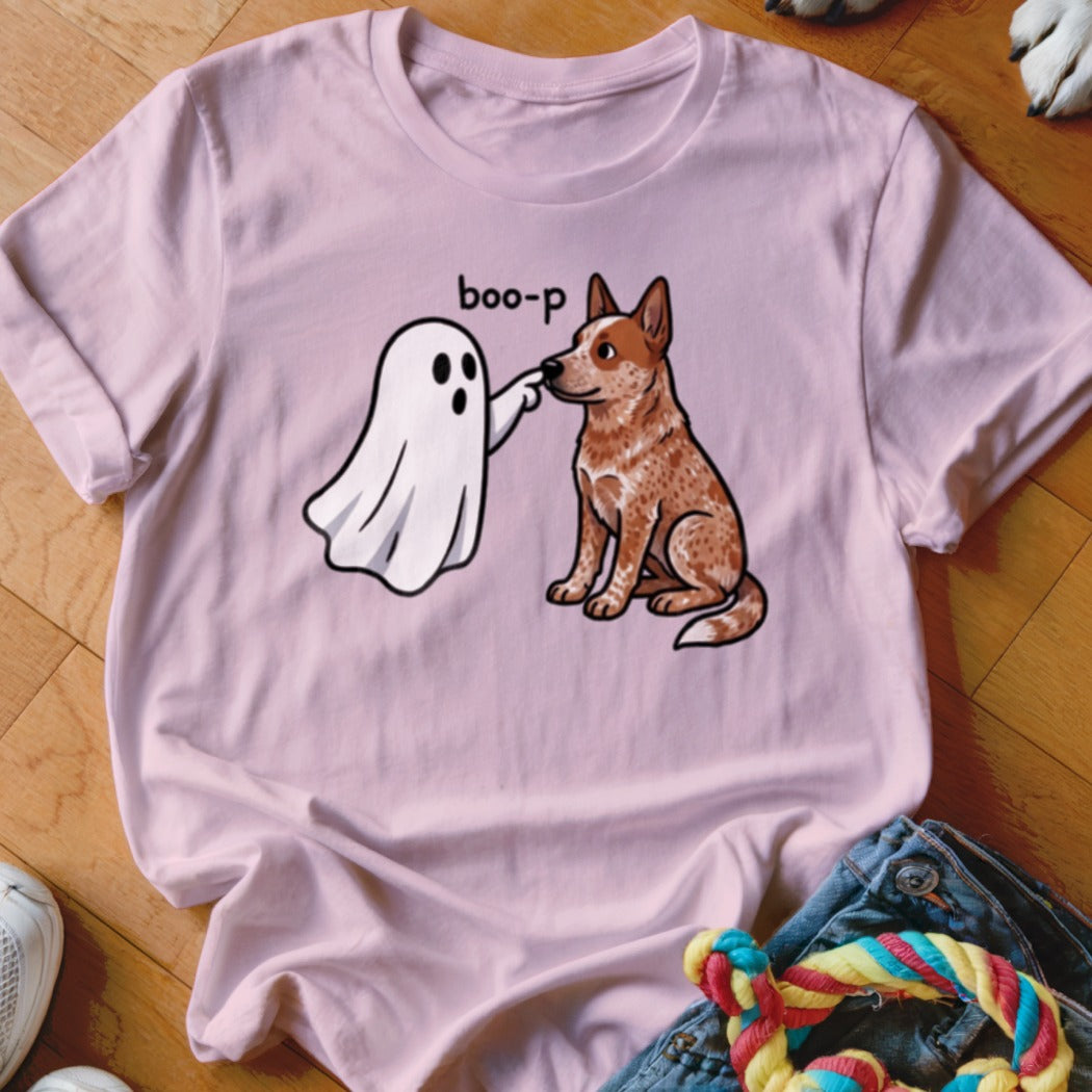 Pink t-shirt with cartoon of a ghost booping a dog and text "boo-p".