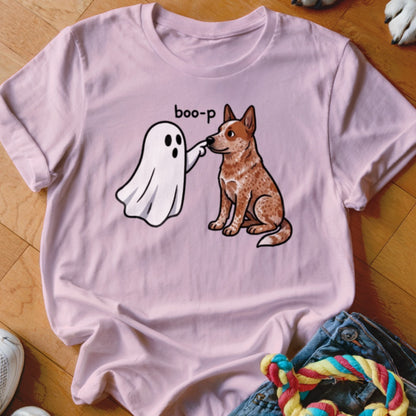 Pink t-shirt with cartoon of a ghost booping a dog and text "boo-p".