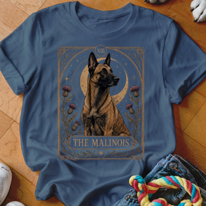 Malinois dog with moon and thistles in a tarot card design.