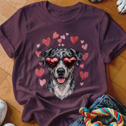 Maroon crewneck t-shirt featuring an illustration of an Australian Shepherd wearing heart-shaped sunglasses surrounded by floating hearts.