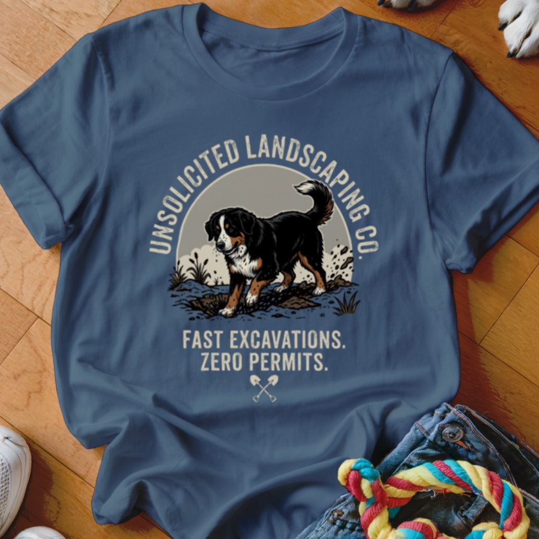 Bernese Mountain Dog digging with text "Unsolicited Landscaping Co."