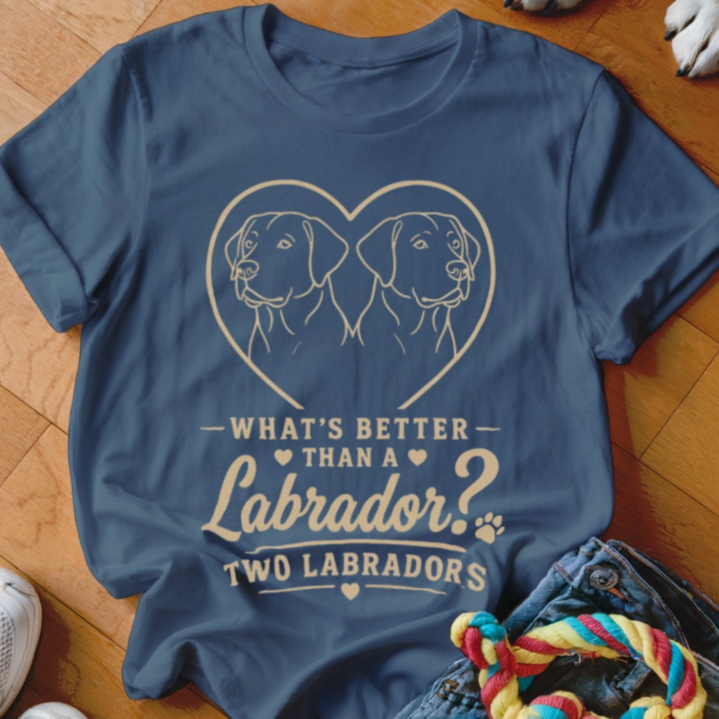 Navy t-shirt with two Labrador outlines inside a heart, text reads "What's better than a Labrador? Two Labradors."