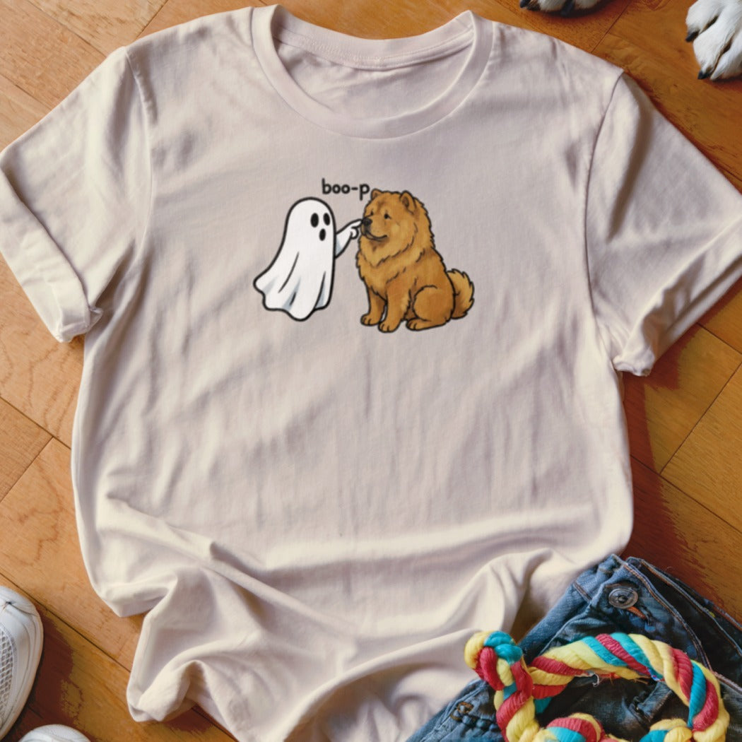 Ghost poking a chow chow dog, with "boo-p" text.