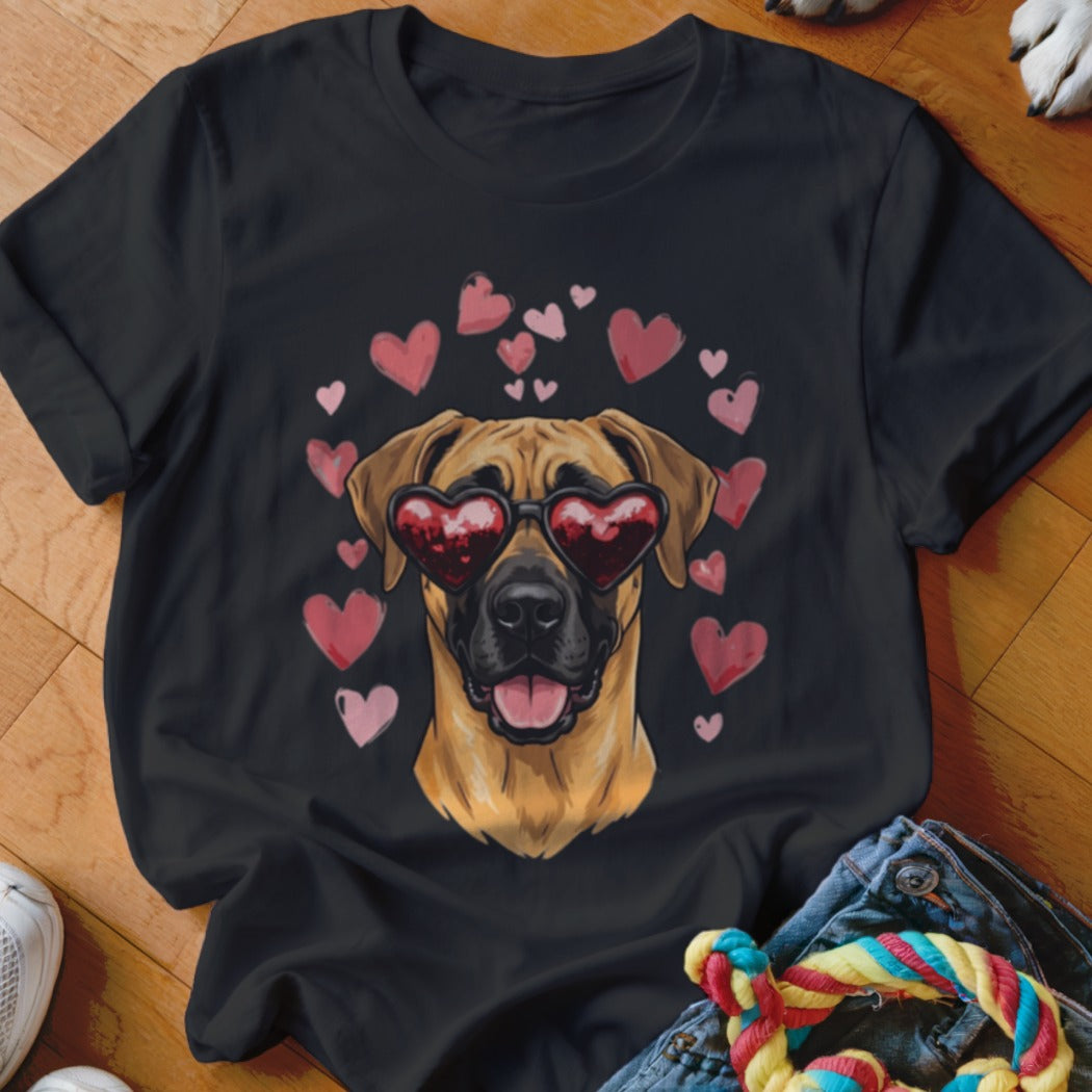 A black short-sleeved t-shirt featuring a graphic of a brown dog wearing heart-shaped sunglasses, surrounded by pink hearts.