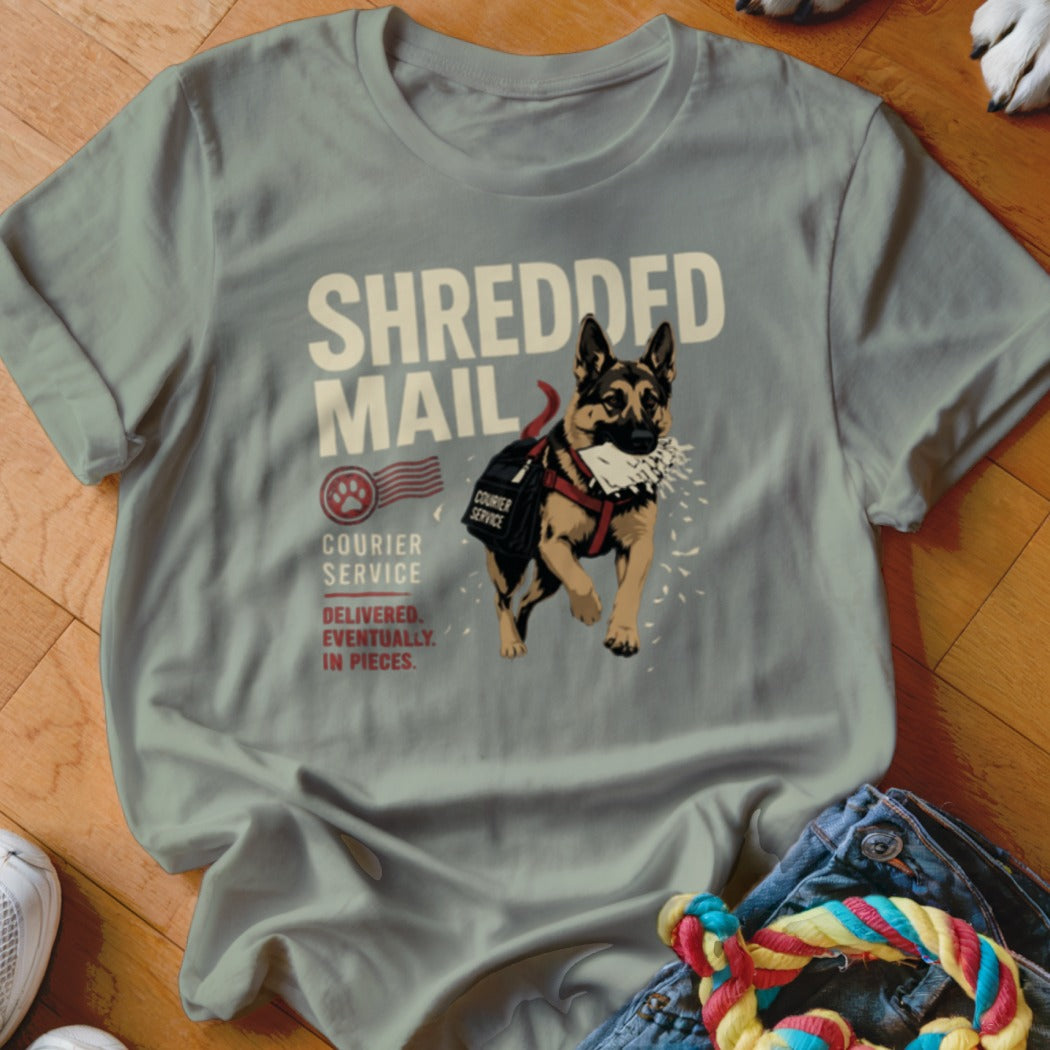 German Shepherd wearing a mail carrier vest, "SHREDDED MAIL" text.