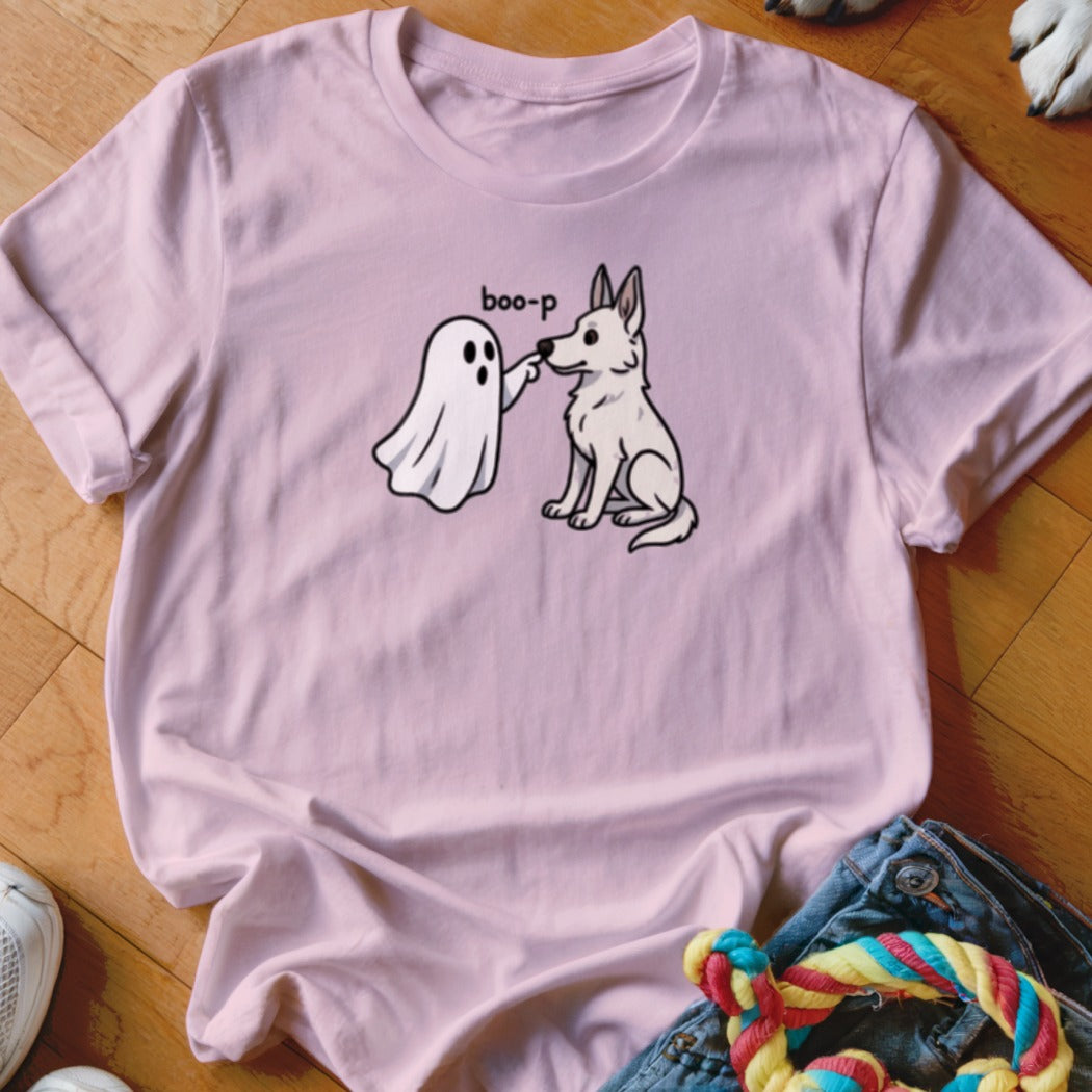 Pink t-shirt with ghost booping dog graphic and "boo-p" text.
