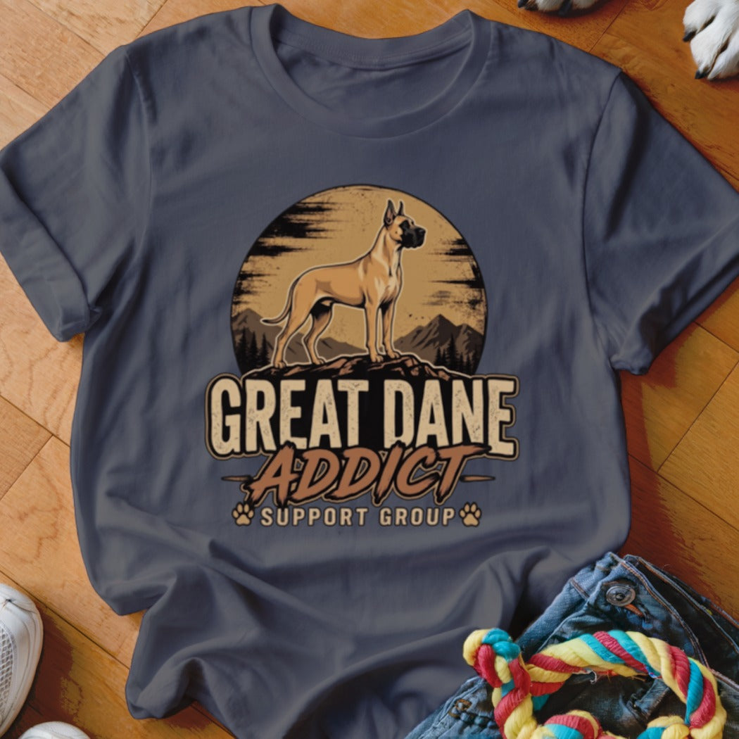 Charcoal t-shirt featuring a retro graphic of a Great Dane standing on a mountain with text that reads Great Dane Addict Support Group.
