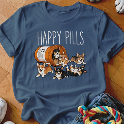 A pill bottle spills out multiple cartoon corgis with "Happy Pills" text.