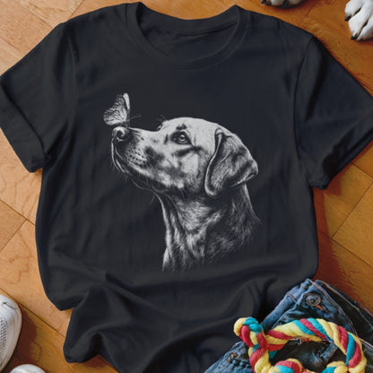 A black t-shirt printed with a white sketch of a dog looking at a butterfly.