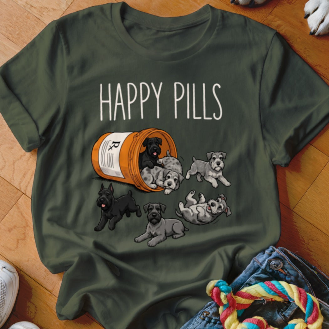 Green t-shirt with "HAPPY PILLS" and cartoon Schnauzers spilling from a prescription bottle.