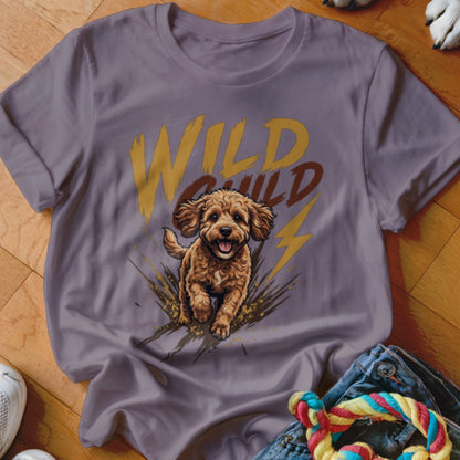 A dusty purple t-shirt features a graphic of a running puppy and the text WILD CHILD.