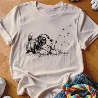 Light pink crewneck t-shirt featuring a black and white sketch of a puppy blowing dandelion seeds.