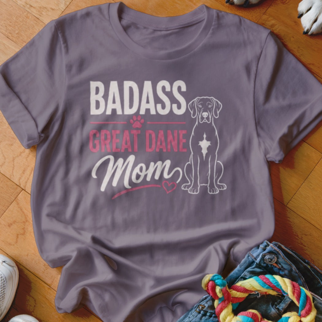T-shirt with "Badass Great Dane Mom" text and a dog silhouette.
