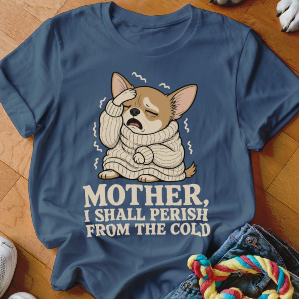 Chihuahua in sweater shivering with text "Mother, I shall perish from the cold."