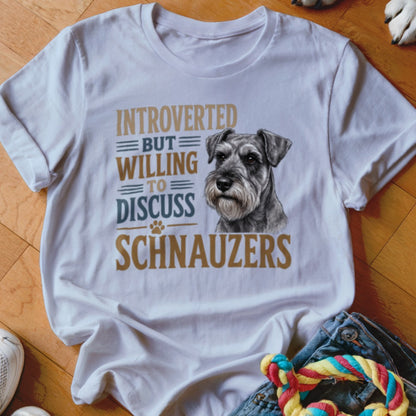 White t-shirt with illustration of Schnauzer and text: "Introverted but willing to discuss Schnauzers."