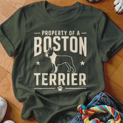 Olive green t-shirt with "Property of a Boston Terrier" text and dog graphic.