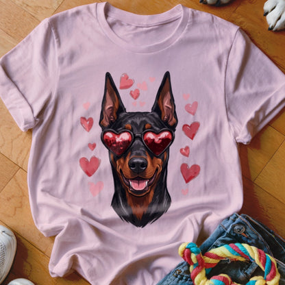 Light pink t-shirt featuring a graphic of a Doberman Pinscher wearing heart-shaped sunglasses, surrounded by pink hearts.