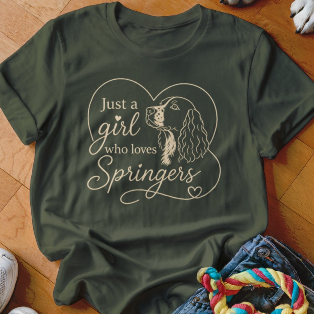 Green t-shirt with "Just a girl who loves Springers" and dog outline.