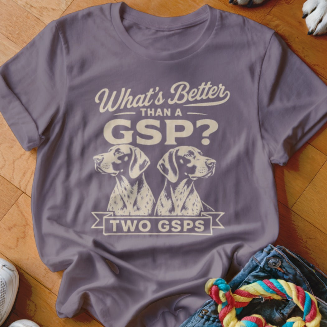 Purple t-shirt with "What's Better Than A GSP? Two GSPS" text and two dog illustrations.