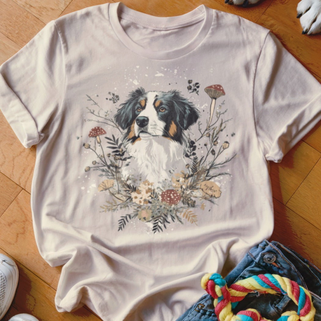 T-shirt with realistic watercolor illustration of Australian Shepherd dog surrounded by floral and mushroom accents.