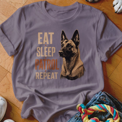 Purple t-shirt with "Eat Sleep Patrol Repeat" text and a Malinois dog portrait.