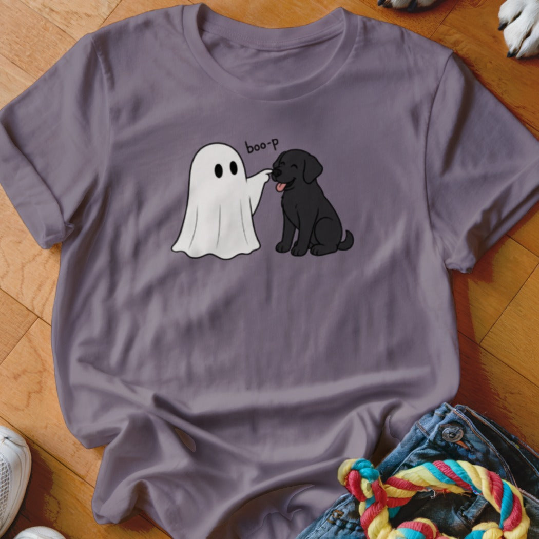 Ghost boops black dog's nose with text "boo-p" on a purple t-shirt.