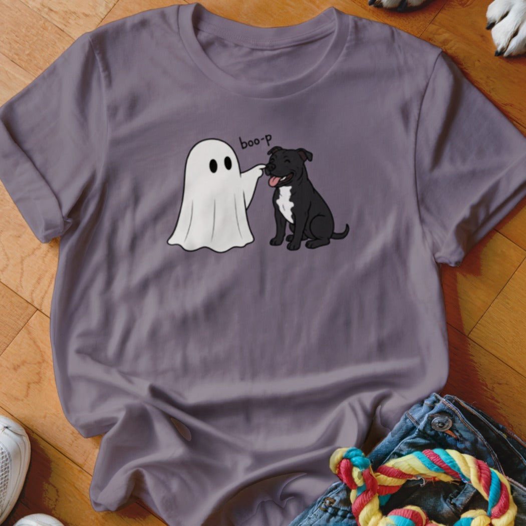 Ghost booping a happy black dog that says "boo-p" on a purple t-shirt.