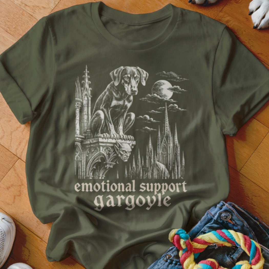 T-shirt with a dog and gargoyle on a gothic building, "emotional support gargoyle" text.
