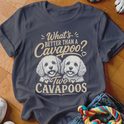 Dark t-shirt with "What's better than a Cavapoo? Two Cavapoos" and two dog illustrations.