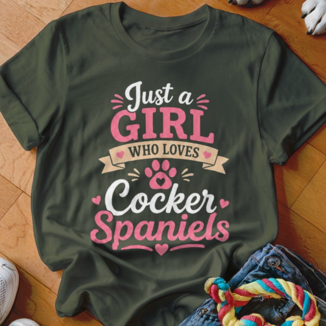Olive green t-shirt with text "Just a GIRL WHO LOVES Cocker Spaniels" and paw print.