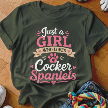 Olive green t-shirt with text "Just a GIRL WHO LOVES Cocker Spaniels" and paw print.