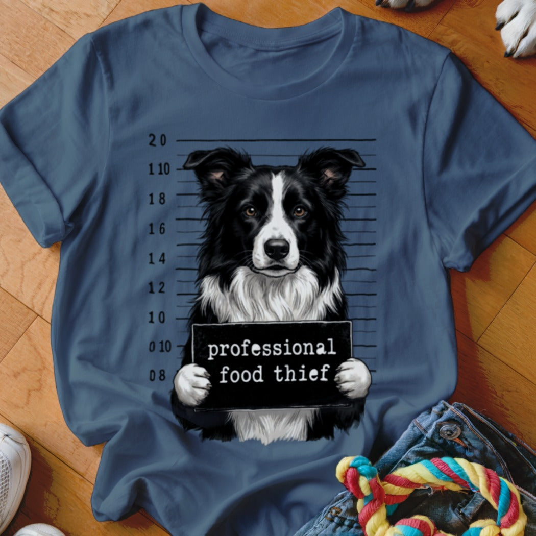 Border collie dog in mugshot holding a "professional food thief" sign.