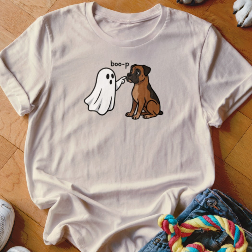 Ghost wearing shirt saying "boo-p" poking a boxer dog's nose.