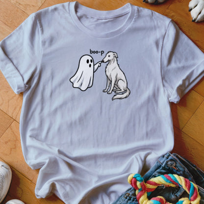 White t-shirt with a ghost booping a dog with the text "boo-p".